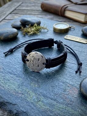 Hand Crafted Black Leather Bracelet with Silver Libra Coin Charm